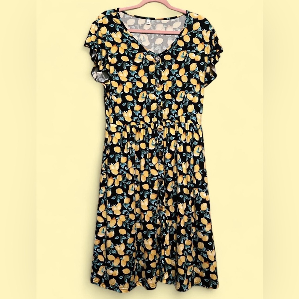 Lemon Print Dress with Black Accents